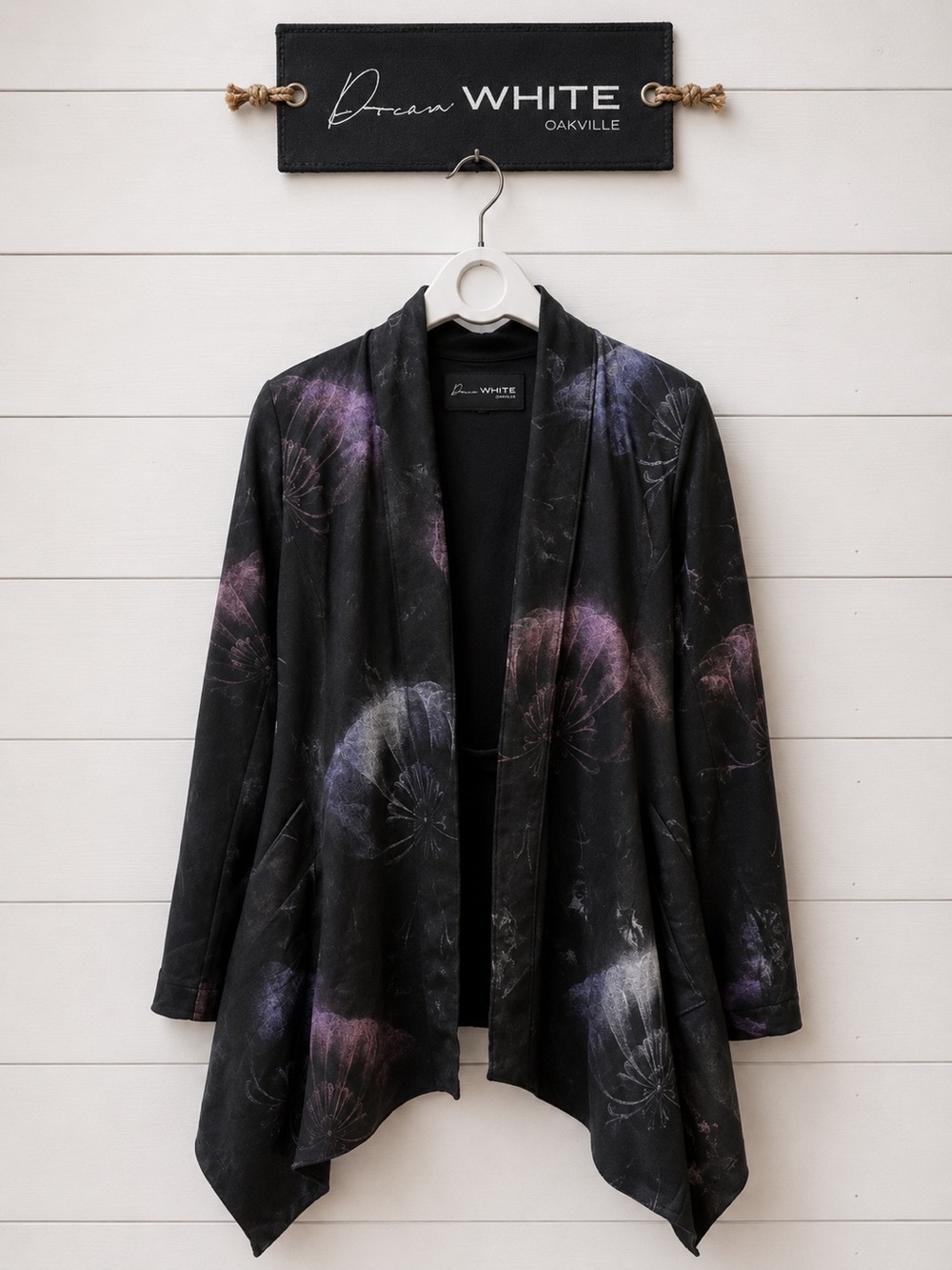 DONNA WHITE Black Floral Open Front Cardigan Size S